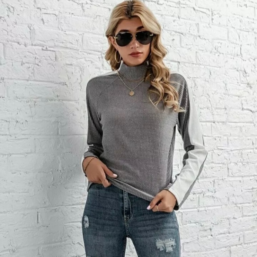 Side Seam Raglan Sleeve Rib-knit Tee Gray Women